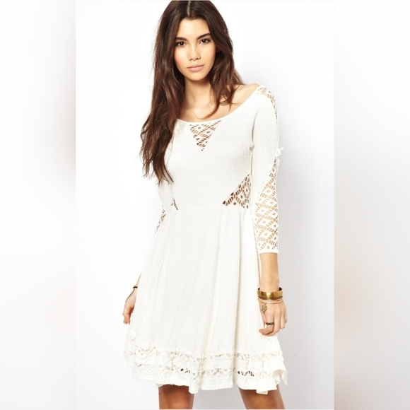 Free People Fit Flare Knit Skater Dress 3/4 Slv Lace Mesh Cutout  stretch Size L - Picture 1 of 12